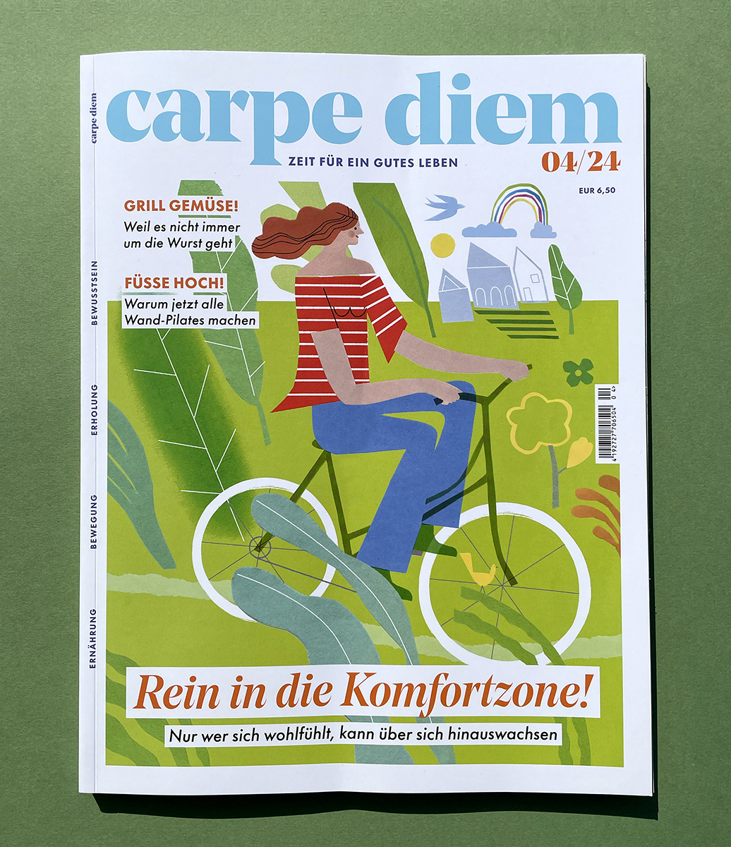 Carpe Diem Magazine / Positive feeling by showing a biking woman - Stephanie Wunderlich - Anna Goodson Illustration Agency